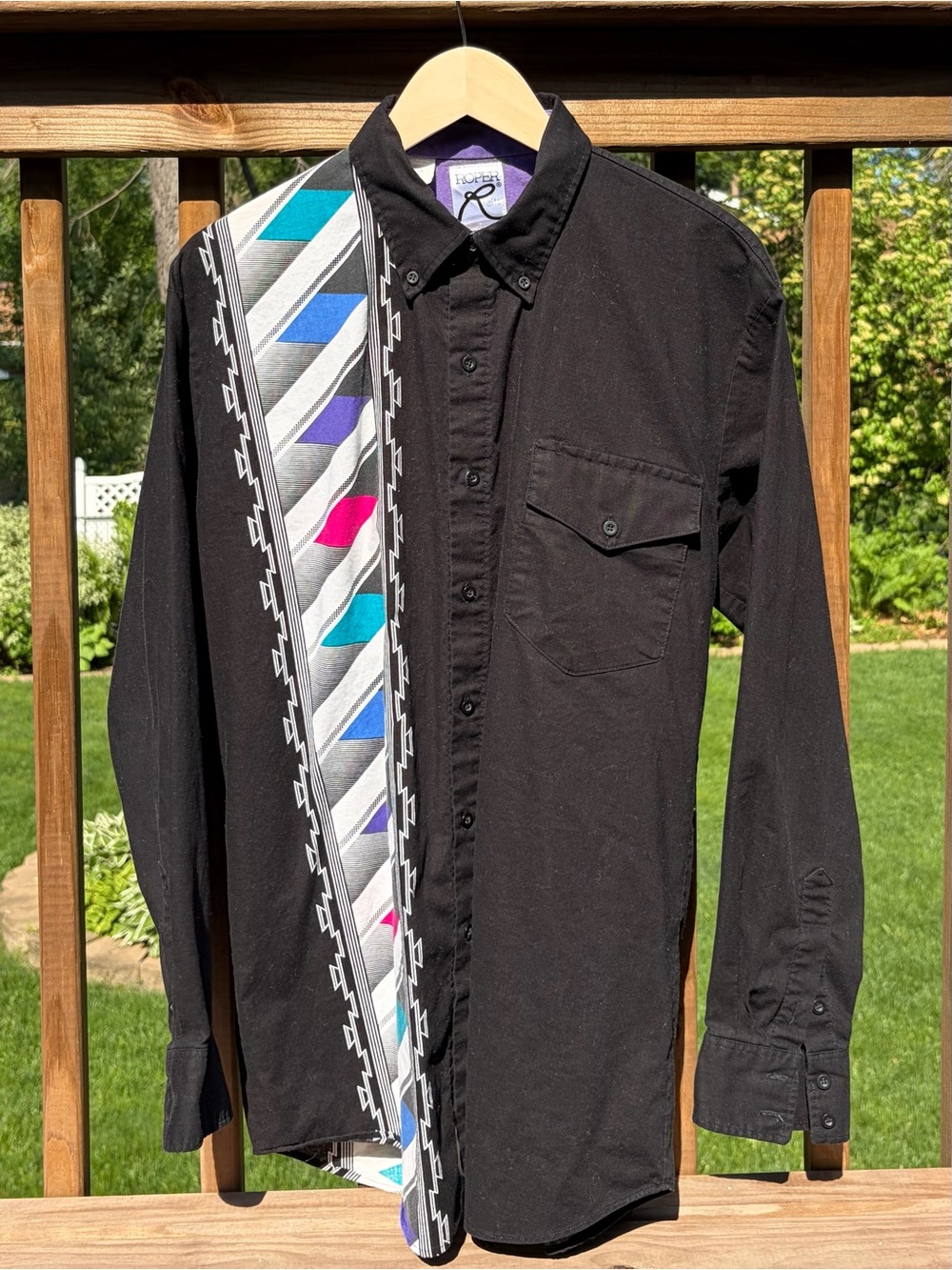 Vintage Roper Black Button-Down Shirt with Colorful Geometric Stripe